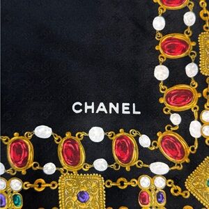 CHANEL Black Silk Scarf with Gold Chain & Jewel Print
